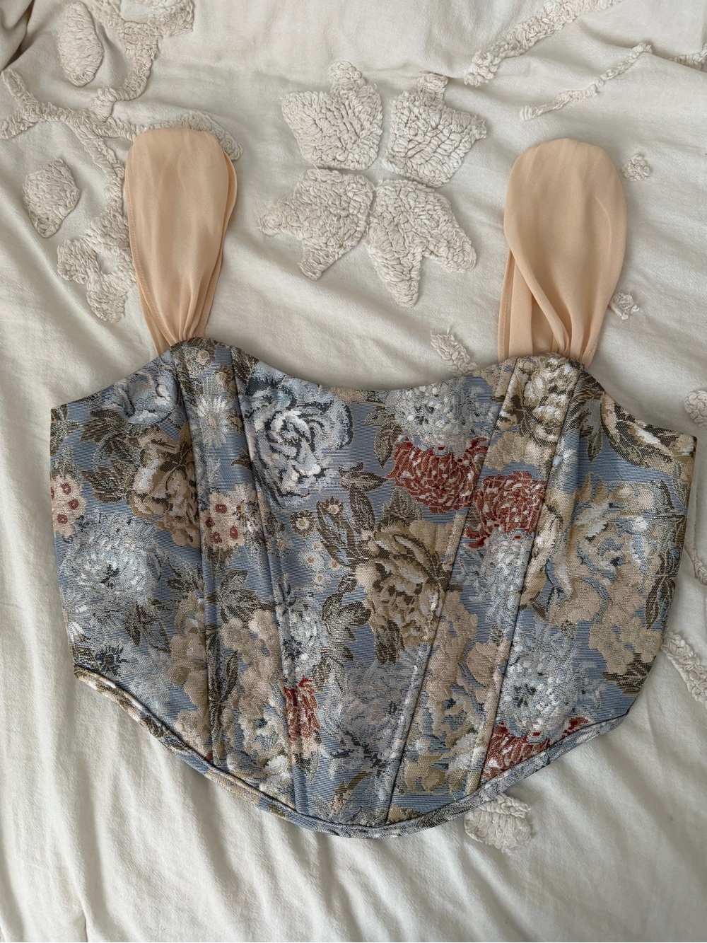 Altar’d State Blue Floral Brocade Corset Crop Top with Nude Straps
